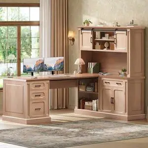 SEDETA 67" Farmhouse Desk with Hutch, L Shaped Office Desk with 4 Drawers & Storage Cabinet, Executive Corner Computer Desk with Sliding Doors, File Drawer & Power Outlet for Home Office, Oak SEDETA 67" Farmhouse Desk with Hutch, L Shaped Office Desk with 4 Drawers & Storage Cabinet, Executive Corner Computer Desk with Sliding Doors, File Drawer & Power Outlet for Home Office, Oak