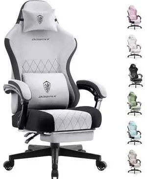 Dowinx Fabric Gaming Chair, Ergonomic Computer Chair with Footrest and Pocket Spring Cushion, Height Adjustable Video Gamer Chair with Lumbar Support for Adults, White Grey Dowinx Fabric Gaming Chair, Ergonomic Computer Chair with Footrest and Pocket Spring Cushion, Height Adjustable Video Gamer Chair with Lumbar Support for Adults, White Grey