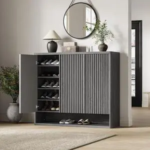 Modern Entryway Shoe Storage Cabinet 46 Inch Wooden Organizer with Adjustable Shelves, Fluted Door, Holds 30-35 Pairs, Space-Saving Hallway Furniture, Vintage Grey Color Modern Entryway Shoe Storage Cabinet 46 Inch Wooden Organizer with Adjustable Shelves, Fluted Door, Holds 30-35 Pairs, Space-Saving Hallway Furniture, Vintage Grey Color