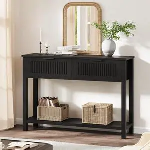 Modern Fluted Console Table 2 Drawers, Narrow Wood Sofa Table with Metal Frame, Storage Accent for Entryway, Living Room, or Hallway, Easy Assembly 25 Years of Black Modern Fluted Console Table 2 Drawers, Narrow Wood Sofa Table with Metal Frame, Storage Accent for Entryway, Living Room, or Hallway, Easy Assembly 25 Years of Black
