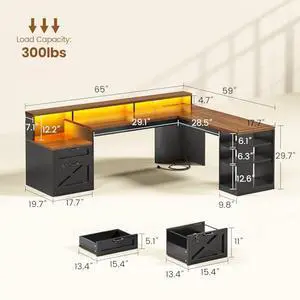 SEDETA L Shaped Desk with 2 Drawers, 65"x 59" Large Home Office Desk with Lockable File Drawer & Power Strip, Corner Desk with Storage & LED Strip, Black + Brown SEDETA L Shaped Desk with 2 Drawers, 65"x 59" Large Home Office Desk with Lockable File Drawer & Power Strip, Corner Desk with Storage & LED Strip, Black + Brown
