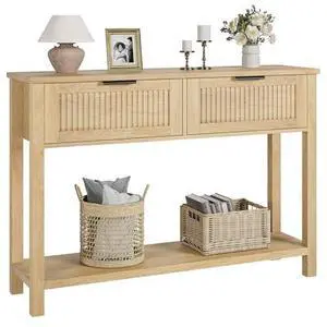 Farmhouse Fluted Console Table 43" 2-Drawer, Wooden Entryway Sofa Side Table, 2-Tier Storage Shelf, Accent for Living Room, Foyer, or Hallway Natural Wood Color Farmhouse Fluted Console Table 43" 2-Drawer, Wooden Entryway Sofa Side Table, 2-Tier Storage Shelf, Accent for Living Room, Foyer, or Hallway Natural Wood Color