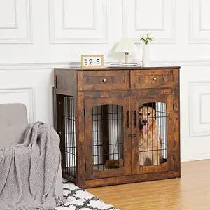 Rustic Brown Dog Crate Furniture Table with 2 Drawers & 3 Doors - Indoor Dog Kennel & House - Side End Table - 39.4" L Rustic Brown Dog Crate Furniture Table with 2 Drawers & 3 Doors - Indoor Dog Kennel & House - Side End Table - 39.4" L