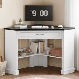 SEDETA 31.5" White Corner Desk, Small Corner Desk for Small Space, Farmhouse Triangle Computer Desk with Drawer and Storage for Home Office, Living Room, Bedroom, Vanity Desk SEDETA 31.5" White Corner Desk, Small Corner Desk for Small Space, Farmhouse Triangle Computer Desk with Drawer and Storage for Home Office, Living Room, Bedroom, Vanity Desk