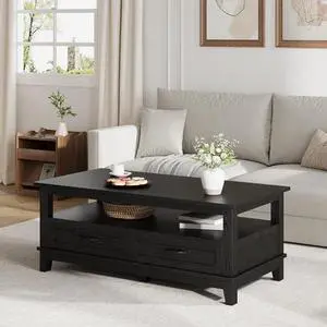 47 Inch Farmhouse Coffee Table, Rustic Wood Center Table with 2 Storage Drawers and Open Shelf, Rectangle Tables, Living Room, Long Cocktail Tables for Office, Parlor, Reading Room 47 Inch Farmhouse Coffee Table, Rustic Wood Center Table with 2 Storage Drawers and Open Shelf, Rectangle Tables, Living Room, Long Cocktail Tables for Office, Parlor, Reading Room