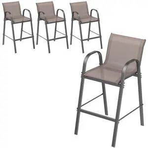 ONBRILL Outdoor Bar Stool Set of 4, Patio Bar Chairs with High Back and Metal Armrest, All Weather Textilene Tall Outdoor Bar Height Chairs for Balcony, Porch (Brown) ONBRILL Outdoor Bar Stool Set of 4, Patio Bar Chairs with High Back and Metal Armrest, All Weather Textilene Tall Outdoor Bar Height Chairs for Balcony, Porch (Brown)