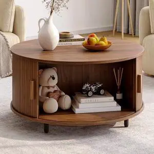 ONBRILL Round Coffee Table with Storage, 31.5" Modern Coffee Table with 360° Curved Sliding Door, Fluted Wood Accent Coffee Table with Adjustable Footpads, Round Center Table for Living Room, Walnut ONBRILL Round Coffee Table with Storage, 31.5" Modern Coffee Table with 360° Curved Sliding Door, Fluted Wood Accent Coffee Table with Adjustable Footpads, Round Center Table for Living Room, Walnut
