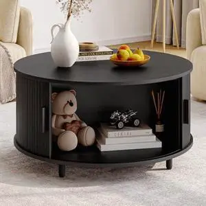 ONBRILL Round Coffee Table with Storage, 31.5" Modern Coffee Table with 360° Curved Sliding Door, Fluted Wood Accent Coffee Table with Adjustable Footpads, Round Center Table for Living Room, Black ONBRILL Round Coffee Table with Storage, 31.5" Modern Coffee Table with 360° Curved Sliding Door, Fluted Wood Accent Coffee Table with Adjustable Footpads, Round Center Table for Living Room, Black