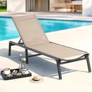 ONBRILL Aluminum Chaise Lounge Chair Outdoor, Foldable & Assembly Free Outdoor Lounge Chair with 5 Position Adjustable Backrest, Patio Pool Lounge Chairs for Outside Poolside Beach Lawn, 1PC, Khaki ONBRILL Aluminum Chaise Lounge Chair Outdoor, Foldable & Assembly Free Outdoor Lounge Chair with 5 Position Adjustable Backrest, Patio Pool Lounge Chairs for Outside Poolside Beach Lawn, 1PC, Khaki