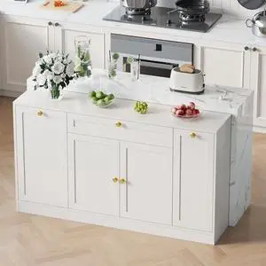 ONBRILL 63" Kitchen Island with Storage, Island Table with Power Outlet & Trash Cabinet, Kitchen Island with Marble Countertop for Kitchen, Dining Room, Living Room, White ONBRILL 63" Kitchen Island with Storage, Island Table with Power Outlet & Trash Cabinet, Kitchen Island with Marble Countertop for Kitchen, Dining Room, Living Room, White