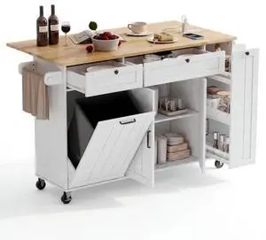 ONBRILL Kitchen Island with Storage, Island Table with Drop Leaf and Power Outlet, Kitchen Island on Wheels with Trash Cabinet, Spice Rack & Towel Rack, White ONBRILL Kitchen Island with Storage, Island Table with Drop Leaf and Power Outlet, Kitchen Island on Wheels with Trash Cabinet, Spice Rack & Towel Rack, White