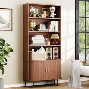 ONBRILL 71" Tall Bookshelf, 4-Tier Bookcase with Storage Cabinet & Adjustable Storage Shelf, Freestanding Wood Bookshelf with Sliding Door and Adjustable Footpad, for Home Office, Living Room, Walnut ONBRILL 71" Tall Bookshelf, 4-Tier Bookcase with Storage Cabinet & Adjustable Storage Shelf, Freestanding Wood Bookshelf with Sliding Door and Adjustable Footpad, for Home Office, Living Room, Walnut