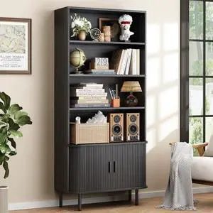 ONBRILL 71" Tall Bookshelf, 4-Tier Bookcase with Storage Cabinet & Adjustable Shelves, Floor Standing Wooden Bookshelf with Sliding Door and Adjustable Footpad, for Home Office, Living Room, Black ONBRILL 71" Tall Bookshelf, 4-Tier Bookcase with Storage Cabinet & Adjustable Shelves, Floor Standing Wooden Bookshelf with Sliding Door and Adjustable Footpad, for Home Office, Living Room, Black