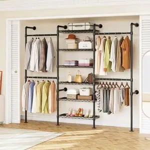 ONBRILL H3 Expandable Wall Mounted Closet System, 5.4FT-8.1FT Closet Organizer with 4 Telescopic Rods & 6 Wire Shelves, Industrial Pipe Clothing Rack for Walk-in & Reach-in Closet (Black) ONBRILL H3 Expandable Wall Mounted Closet System, 5.4FT-8.1FT Closet Organizer with 4 Telescopic Rods & 6 Wire Shelves, Industrial Pipe Clothing Rack for Walk-in & Reach-in Closet (Black)
