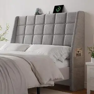 ONBRILL Ergonomic Upholstered Full Size Headboard w/Charging Station, Linen Wingback Headboards w/Storage Pocket, Full Headboard Only, Bed Frame Adapters, Sturdy Solid Wood Bed Head Board, Light Grey ONBRILL Ergonomic Upholstered Full Size Headboard w/Charging Station, Linen Wingback Headboards w/Storage Pocket, Full Headboard Only, Bed Frame Adapters, Sturdy Solid Wood Bed Head Board, Light Grey