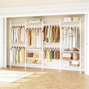 ONBRILL H4 Wall Mounted Closet System, Expandable Industrial Pipe Clothes Rack Clothing Rack for Hanging Clothes, Heavy Duty Closet Organizers and Storage in Wardrobe Closet - White ONBRILL H4 Wall Mounted Closet System, Expandable Industrial Pipe Clothes Rack Clothing Rack for Hanging Clothes, Heavy Duty Closet Organizers and Storage in Wardrobe Closet - White