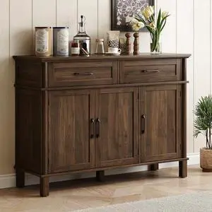 ONBRILL 48 Inch Buffet Cabinet with Storage, Farmhouse Sideboard Buffet w/2 Drawers and 3 Doors, Wood Coffee Bar Cabinet with Adjustable Shelves, Sideboard Storage for Kitchen, Living Room, Walnut ONBRILL 48 Inch Buffet Cabinet with Storage, Farmhouse Sideboard Buffet w/2 Drawers and 3 Doors, Wood Coffee Bar Cabinet with Adjustable Shelves, Sideboard Storage for Kitchen, Living Room, Walnut
