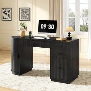 ONBRILL 58 Inch Fluted Executive Desk, Computer Desk with Storage Drawers & File Drawer, Modern Home Office Desk with Charging Station for Working, Studying, Writing, Black ONBRILL 58 Inch Fluted Executive Desk, Computer Desk with Storage Drawers & File Drawer, Modern Home Office Desk with Charging Station for Working, Studying, Writing, Black