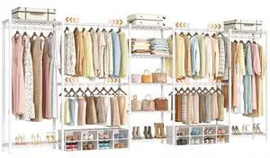ONBRILL E5 Expandable Heavy Duty Garment Rack, Freestanding Closet Organizer System with 9 Wire Shelves & 6 Hanging Rods, Modular Metal Pipe Clothing Rack, Max Load 1350LBS, Portable Closet, White ONBRILL E5 Expandable Heavy Duty Garment Rack, Freestanding Closet Organizer System with 9 Wire Shelves & 6 Hanging Rods, Modular Metal Pipe Clothing Rack, Max Load 1350LBS, Portable Closet, White