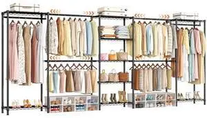 ONBRILL E5 Expandable Heavy Duty Garment Rack, Freestanding Closet Organizer System with 9 Wire Shelves & 6 Hanging Rods, Modular Metal Pipe Clothing Rack, Max Load 1350LBS, Portable Closet, Black ONBRILL E5 Expandable Heavy Duty Garment Rack, Freestanding Closet Organizer System with 9 Wire Shelves & 6 Hanging Rods, Modular Metal Pipe Clothing Rack, Max Load 1350LBS, Portable Closet, Black