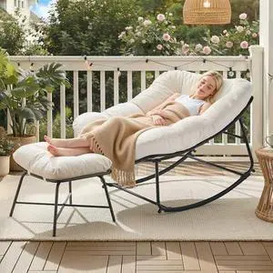 ONBRILL Outdoor Rocking Chairs with Ottoman, Papasan Rocking Chair with Padded Cushions, Oversized Patio Lounge Rocker for Living Room, Porch, Patio, Garden, Cream White ONBRILL Outdoor Rocking Chairs with Ottoman, Papasan Rocking Chair with Padded Cushions, Oversized Patio Lounge Rocker for Living Room, Porch, Patio, Garden, Cream White