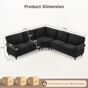 ONBRILL 101" L Shaped Couch, Sectional Corner Sofa with Rolled Arms, 5 Seater Chenille Fabric Couch w/Springs Seat Cushion, Wooden Legs, Comfy Oversized Sofa for Living Room, Apartment, Black ONBRILL 101" L Shaped Couch, Sectional Corner Sofa with Rolled Arms, 5 Seater Chenille Fabric Couch w/Springs Seat Cushion, Wooden Legs, Comfy Oversized Sofa for Living Room, Apartment, Black