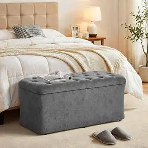 ONBRILL Storage Ottoman Bench, End of Bed Bench, 39.8 x 18.1 x 17.7 Inches Pouf Ottoman Foot Rest, Storage Benches Chest for Bedroom Entryway Living Room, Max 330 lbs, Grey ONBRILL Storage Ottoman Bench, End of Bed Bench, 39.8 x 18.1 x 17.7 Inches Pouf Ottoman Foot Rest, Storage Benches Chest for Bedroom Entryway Living Room, Max 330 lbs, Grey