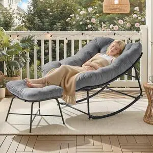 ONBRILL Outdoor Rocking Chairs with Ottoman, Papasan Rocking Chair with Padded Cushions, Oversized Patio Lounge Rocker for Living Room, Porch, Patio, Garden, Gray ONBRILL Outdoor Rocking Chairs with Ottoman, Papasan Rocking Chair with Padded Cushions, Oversized Patio Lounge Rocker for Living Room, Porch, Patio, Garden, Gray