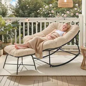ONBRILL Outdoor Rocking Chairs with Ottoman, Papasan Rocking Chair with Padded Cushions, Oversized Patio Lounge Rocker for Living Room, Porch, Patio, Garden, Beige ONBRILL Outdoor Rocking Chairs with Ottoman, Papasan Rocking Chair with Padded Cushions, Oversized Patio Lounge Rocker for Living Room, Porch, Patio, Garden, Beige