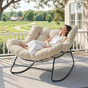 ONBRILL Outdoor Papasan Rocking Chair, 450 lbs Oversized Comfy Patio Chair with Thickened Cushion, Indoor Egg Rocking Lounge Chairs, Rocker Chairs for Patio Porch Garden Living Room Bedroom, Beige ONBRILL Outdoor Papasan Rocking Chair, 450 lbs Oversized Comfy Patio Chair with Thickened Cushion, Indoor Egg Rocking Lounge Chairs, Rocker Chairs for Patio Porch Garden Living Room Bedroom, Beige
