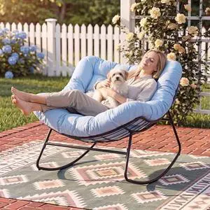 ONBRILL Outdoor Papasan Rocking Chair, 450 lbs Oversized Comfy Patio Chair with Thickened Cushion, Indoor Egg Rocking Lounge Chairs, Rocker Chairs for Patio Porch Garden Living Room Bedroom, Blue ONBRILL Outdoor Papasan Rocking Chair, 450 lbs Oversized Comfy Patio Chair with Thickened Cushion, Indoor Egg Rocking Lounge Chairs, Rocker Chairs for Patio Porch Garden Living Room Bedroom, Blue