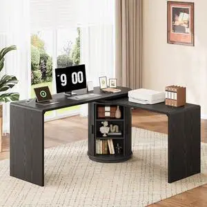 ONBRILL 60 Inch L Shaped Desks with Power Outlets,360° Rotating Swivel Corner Desk with Storge, Fluted Computer Table for Home Office,Workstation,Study Room,Black ONBRILL 60 Inch L Shaped Desks with Power Outlets,360° Rotating Swivel Corner Desk with Storge, Fluted Computer Table for Home Office,Workstation,Study Room,Black