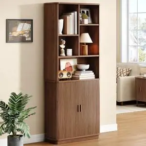 ONBRILL 71" Tall Cube Bookcase, Curved Bookshelf with Storage Cabinet & Adjustable Storage Shelf, Freestanding Wood Bookcase with Sliding Door & Sturdy Pedestal, for Home Office, Living Room, Walnut ONBRILL 71" Tall Cube Bookcase, Curved Bookshelf with Storage Cabinet & Adjustable Storage Shelf, Freestanding Wood Bookcase with Sliding Door & Sturdy Pedestal, for Home Office, Living Room, Walnut
