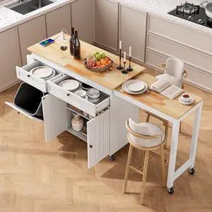 ONBRILL Kitchen Islands with Extendable Dining Table, 81.7" Mobile Kitchen Storage Islands, Rolling Kitchen Cart with Trash Cabinet, Power Outlet, Spice Rack & Towel Rack (White) ONBRILL Kitchen Islands with Extendable Dining Table, 81.7" Mobile Kitchen Storage Islands, Rolling Kitchen Cart with Trash Cabinet, Power Outlet, Spice Rack & Towel Rack (White)