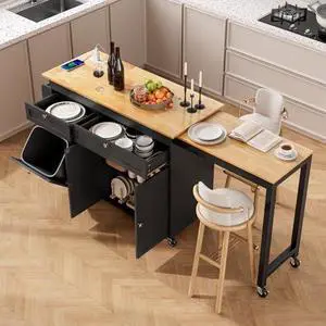 ONBRILL Kitchen Islands with Extendable Dining Table, 81.7" Mobile Kitchen Storage Islands, Rolling Kitchen Cart with Trash Cabinet, Power Outlet, Spice Rack & Towel Rack (Black) ONBRILL Kitchen Islands with Extendable Dining Table, 81.7" Mobile Kitchen Storage Islands, Rolling Kitchen Cart with Trash Cabinet, Power Outlet, Spice Rack & Towel Rack (Black)