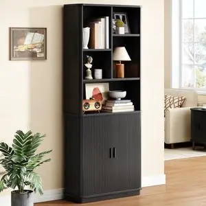 ONBRILL 71" Tall Cube Bookcase, Curved Bookshelf with Storage Cabinet & Adjustable Storage Shelf, Freestanding Wood Bookcase with Sliding Door & Sturdy Pedestal, for Home Office, Living Room, Black ONBRILL 71" Tall Cube Bookcase, Curved Bookshelf with Storage Cabinet & Adjustable Storage Shelf, Freestanding Wood Bookcase with Sliding Door & Sturdy Pedestal, for Home Office, Living Room, Black