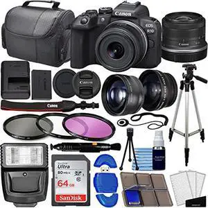 Canon EOS R10 Mirrorless Camera w/RF-S 18-45mm f/4.5-6.3 is STM Lens + Wide Angle Lens + Telephoto Lens + 64GB Memory + Filter Kit + Case + Flash + Tripod + More (37pc Bundle), Black Canon EOS R10 Mirrorless Camera w/RF-S 18-45mm f/4.5-6.3 is STM Lens + Wide Angle Lens + Telephoto Lens + 64GB Memory + Filter Kit + Case + Flash + Tripod + More (37pc Bundle), Black
