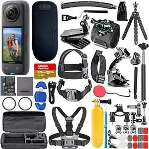 Insta360 X4 8K 360 Waterproof Action Camera, 8K 360, Stabilization Bundle with SanDisk Extreme 128GB Memory, High Speed Card Reader + 50 Piece Accessory Kit Insta360 X4 8K 360 Waterproof Action Camera, 8K 360, Stabilization Bundle with SanDisk Extreme 128GB Memory, High Speed Card Reader + 50 Piece Accessory Kit
