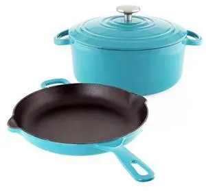 Chantal Enameled Cast Iron Cookware, 3 pc Set - 5Qt Covered Dutch Oven with 10" Skillet, Sea Blue Chantal Enameled Cast Iron Cookware, 3 pc Set - 5Qt Covered Dutch Oven with 10" Skillet, Sea Blue