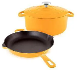 Chantal Enameled Cast Iron Cookware, 3 pc Set - 5Qt Covered Dutch Oven with 10" Skillet, Marigold Chantal Enameled Cast Iron Cookware, 3 pc Set - 5Qt Covered Dutch Oven with 10" Skillet, Marigold