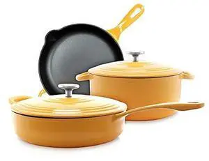 Chantal Enameled Cast Iron Cookware, 5 pc Set; 5Qt Dutch, 4Qt Covered Skillet and 10" Fry Pan, Marigold Chantal Enameled Cast Iron Cookware, 5 pc Set; 5Qt Dutch, 4Qt Covered Skillet and 10" Fry Pan, Marigold