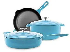 Chantal Enameled Cast Iron Cookware, 5 pc Set; 5Qt Dutch, 4Qt Covered Skillet and 10" Fry Pan, Sea Blue Chantal Enameled Cast Iron Cookware, 5 pc Set; 5Qt Dutch, 4Qt Covered Skillet and 10" Fry Pan, Sea Blue