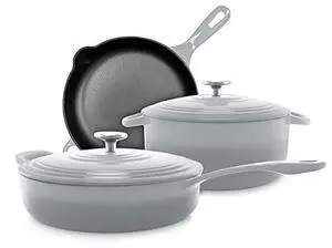 Chantal Enameled Cast Iron Cookware, 5 pc Set; 5Qt Dutch, 4Qt Covered Skillet and 10" Fry Pan, Fade Grey Chantal Enameled Cast Iron Cookware, 5 pc Set; 5Qt Dutch, 4Qt Covered Skillet and 10" Fry Pan, Fade Grey