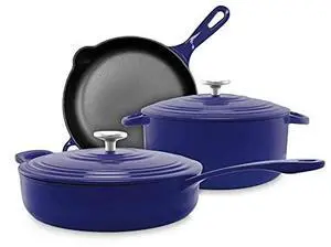 Chantal Enameled Cast Iron Cookware, 5 pc Set; 5Qt Dutch, 4Qt Covered Skillet and 10" Fry Pan, Cobalt Blue Chantal Enameled Cast Iron Cookware, 5 pc Set; 5Qt Dutch, 4Qt Covered Skillet and 10" Fry Pan, Cobalt Blue