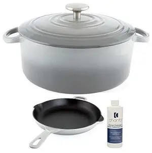 Chantal Enameled Cast Iron Cookware, 3 pc Set - 5Qt Covered Dutch Oven with 10" Skillet, Fade Grey Chantal Enameled Cast Iron Cookware, 3 pc Set - 5Qt Covered Dutch Oven with 10" Skillet, Fade Grey