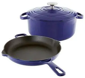 Chantal Enameled Cast Iron Cookware, 3 pc Set - 5Qt Covered Dutch Oven with 10" Skillet, Cobalt Blue Chantal Enameled Cast Iron Cookware, 3 pc Set - 5Qt Covered Dutch Oven with 10" Skillet, Cobalt Blue