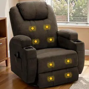 Recliner Chair, 360° Swivel Rocker Chair for Adults, Rocking Recliner Chair with Massage, Comfy Single Sofa with Side Pockets Cup Holders for Living Room, Bedroom, Nursery (Fabric, Brown) Recliner Chair, 360° Swivel Rocker Chair for Adults, Rocking Recliner Chair with Massage, Comfy Single Sofa with Side Pockets Cup Holders for Living Room, Bedroom, Nursery (Fabric, Brown)