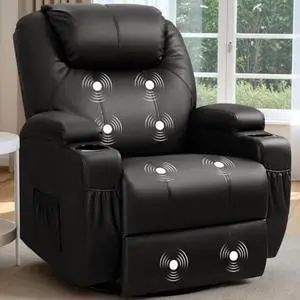 Recliner Chair, 360° Swivel Rocker Chair for Adults, Rocking Recliner Chair with Massage, Comfy Single Sofa with Side Pockets Cup Holders for Living Room, Bedroom, Nursery (Leather, Black) Recliner Chair, 360° Swivel Rocker Chair for Adults, Rocking Recliner Chair with Massage, Comfy Single Sofa with Side Pockets Cup Holders for Living Room, Bedroom, Nursery (Leather, Black)