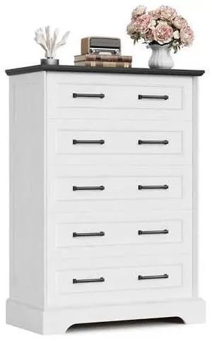 Furmax Farmhouse Dresser for Bedroom, 5 Drawers Dresser, Wood Chest of Drawers, 31.5" Wide Storage Dressers Organizer for Bedroom, Living Room (White and Black) Furmax Farmhouse Dresser for Bedroom, 5 Drawers Dresser, Wood Chest of Drawers, 31.5" Wide Storage Dressers Organizer for Bedroom, Living Room (White and Black)