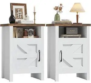 JUMMICO Farmhouse Nightstand, Modern Bedside Table with Barn Door and Shelf, Rustic End Table Side Table for Bedroom, Living Room(2, Rustic & White) JUMMICO Farmhouse Nightstand, Modern Bedside Table with Barn Door and Shelf, Rustic End Table Side Table for Bedroom, Living Room(2, Rustic & White)